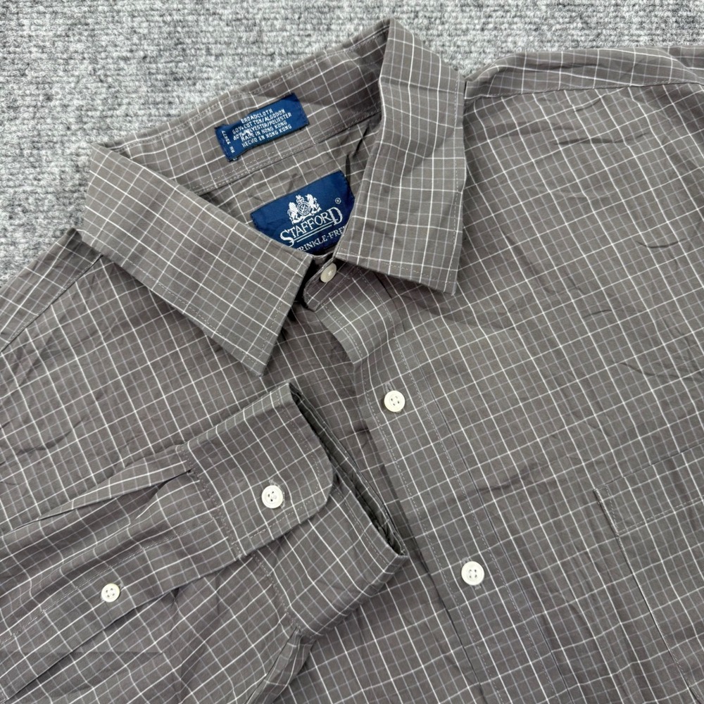 Stafford Button Up Shirt 18 34/35 Gray Plaid Wrinkle-Free Broadcloth Men's
